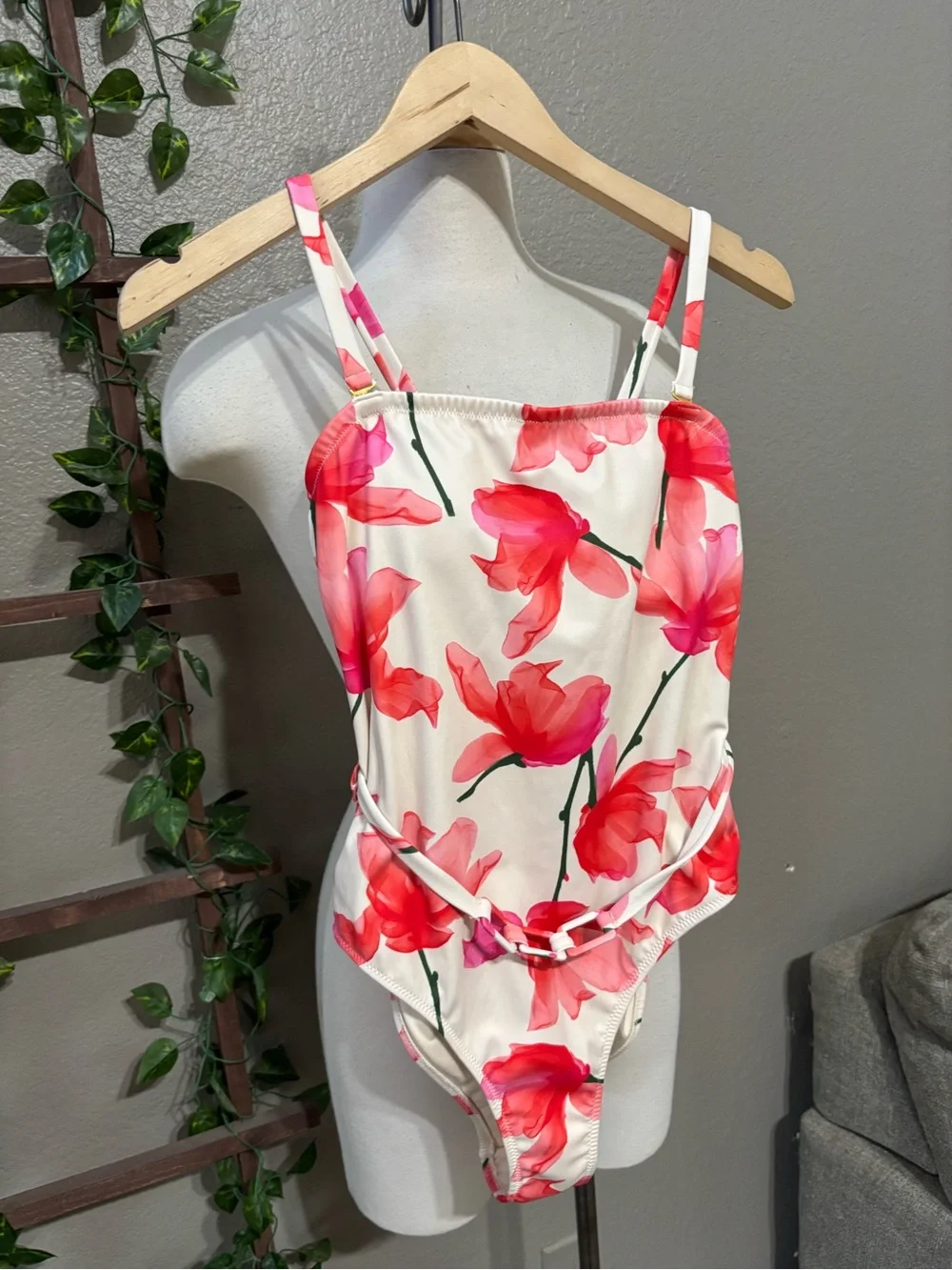 HUTCH Chain Belt One-Piece Swimsuit in  Ivory Red Floral